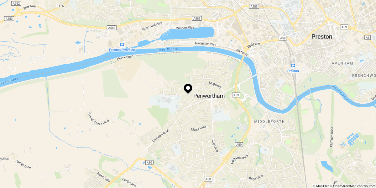 Approximate location of Meadway, Penwortham, Preston, PR1 0JL